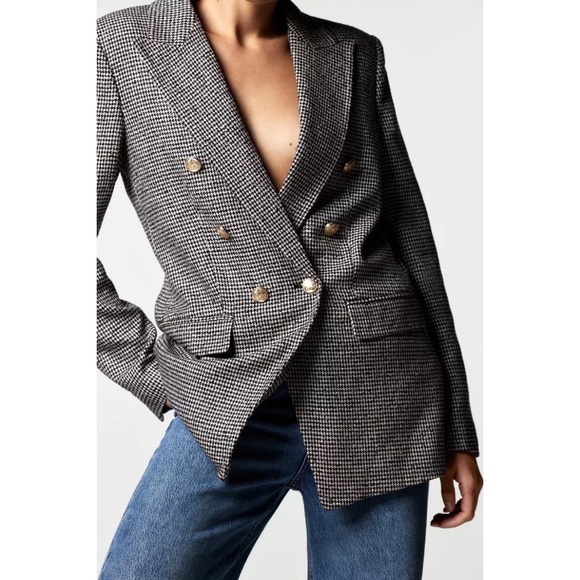 NWT ZARA • double breasted houndstooth blazer black white blogger favorite sz S - Picture 2 of 10